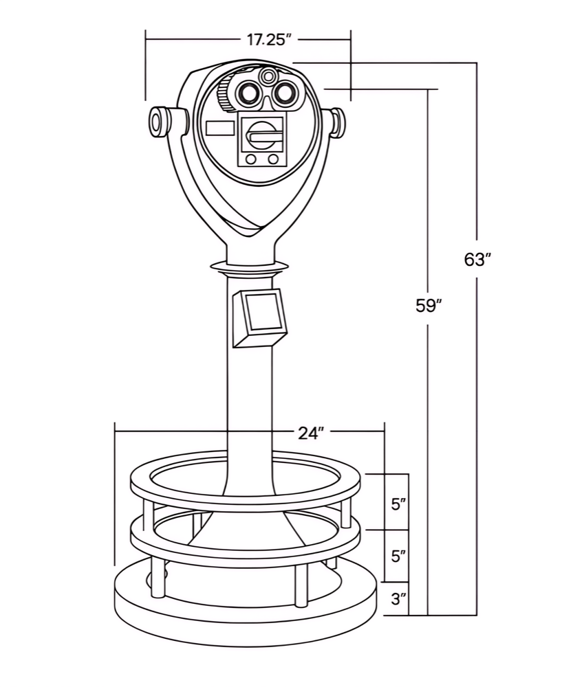Factory dimension drawing: 63 inches tall overall, 59 inches to the eyepieces, 17.25-inch head, 24-inch base ring with 5, 5, and 3-inch step-ups